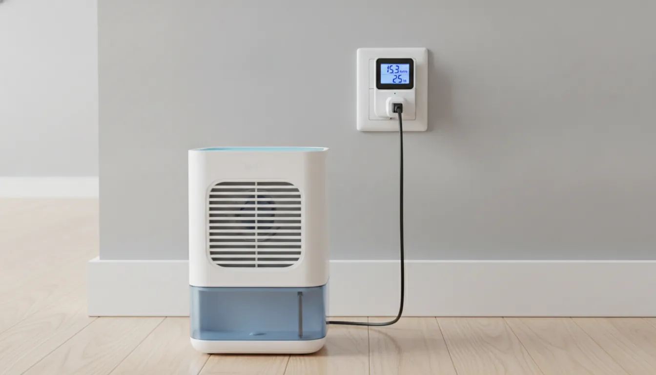 Medidor de energia portátil conectado a um desumidificador medindo o consumo em kWh