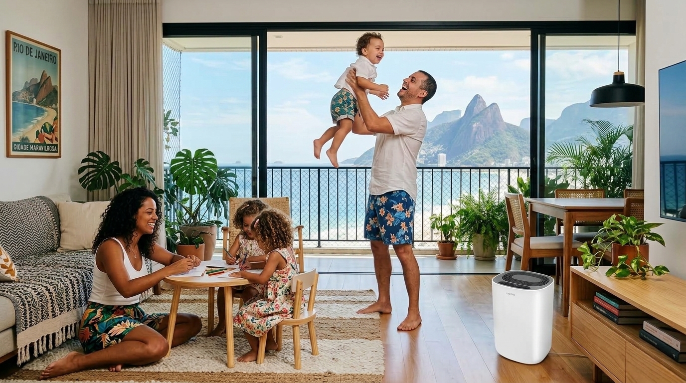 Desumidificador de ar em uma sala de estar brasileira com a família, mostrando como o aparelho melhora a qualidade do ar em casa