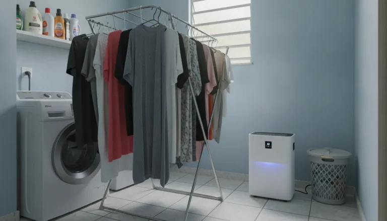 Roupas secando em varal fechado de lavanderia com desumidificador ligado ao lado