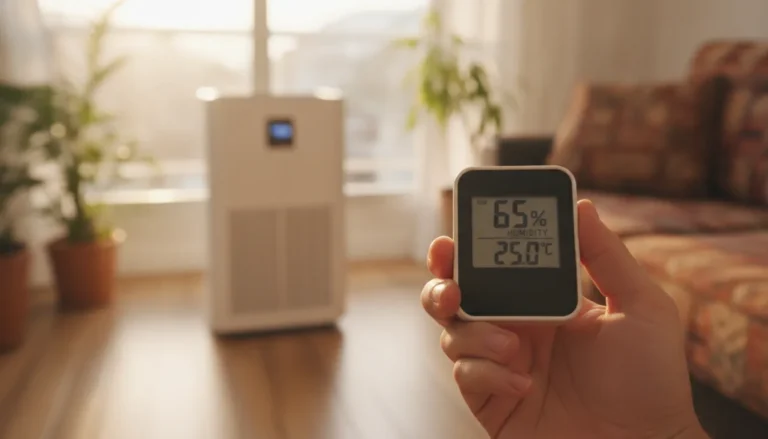 Mão segurando higrômetro digital em sala de apartamento brasileiro, com desumidificador ao fundo
