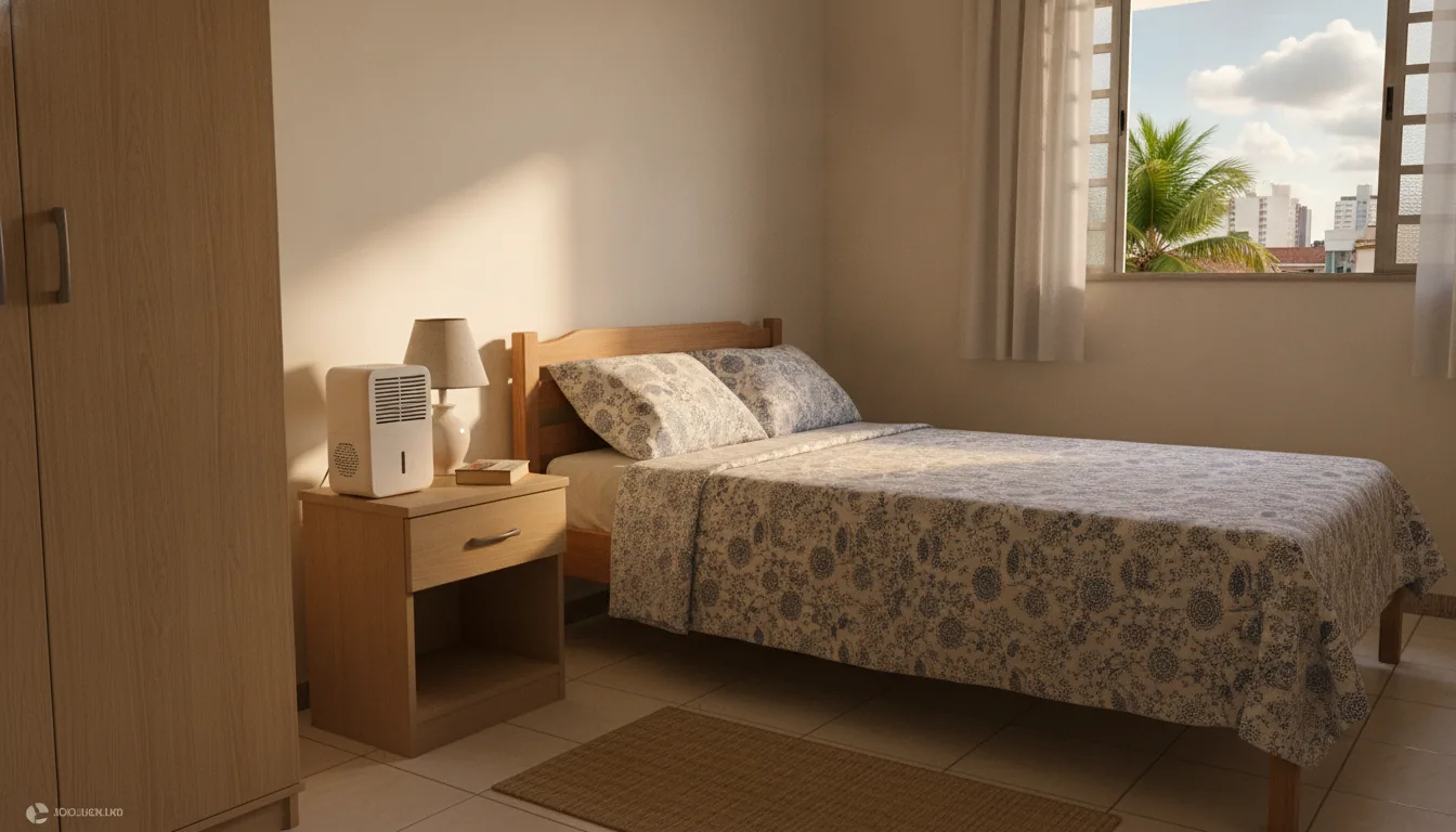 Mini desumidificador em mesa de canto de quarto simples de apartamento brasileiro