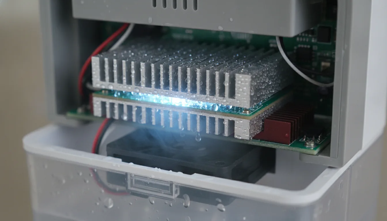 Placa Peltier termoelétrica fria com gotas de água condensando